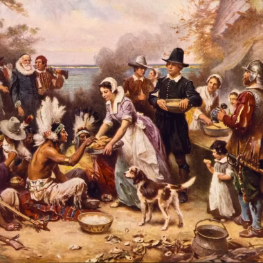 Image of a painting depicting the first thanksgiving for a blog post discussing what wasn't at the first Thanksgiving.